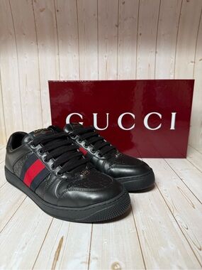 Gucci Men’s Black Leather Sneakers with Red & Navy Stripe